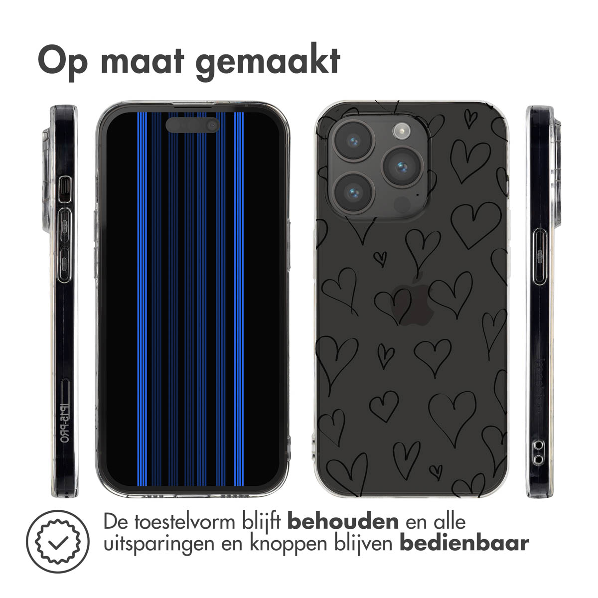 Drie telefoonhoesjes: één met blauwe strepen, één met hartjes, en een zijaanzicht.