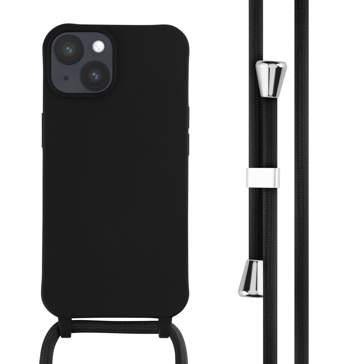 Schwarze Handyhülle mit schwarzem Umhängeband. Das Telefon ist sichtbar.