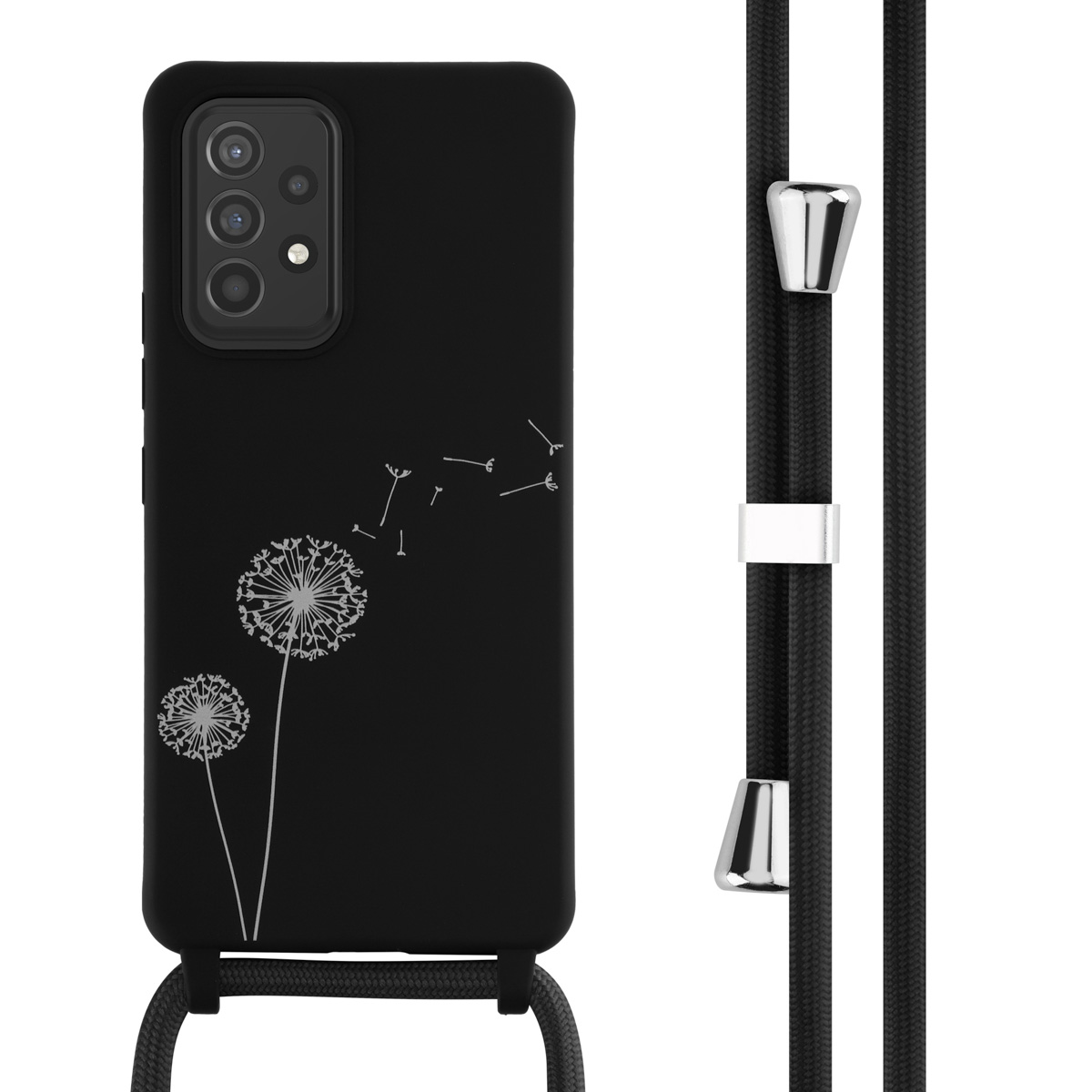 Coque de téléphone noire avec motif de pissenlit et lanière noire avec accents argentés.