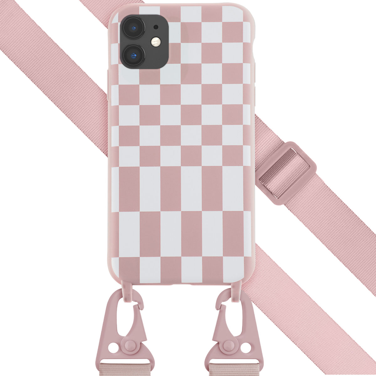 Coque de téléphone à carreaux roses et blancs avec une sangle et des fermoirs roses. La sangle est diagonale.