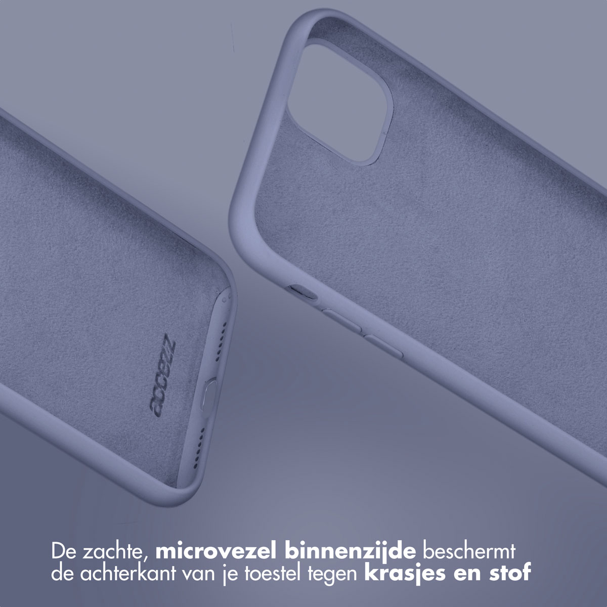 Twee lichtpaarse telefoonhoesjes, die het zachte, microvezel interieur laten zien ter bescherming tegen krassen.