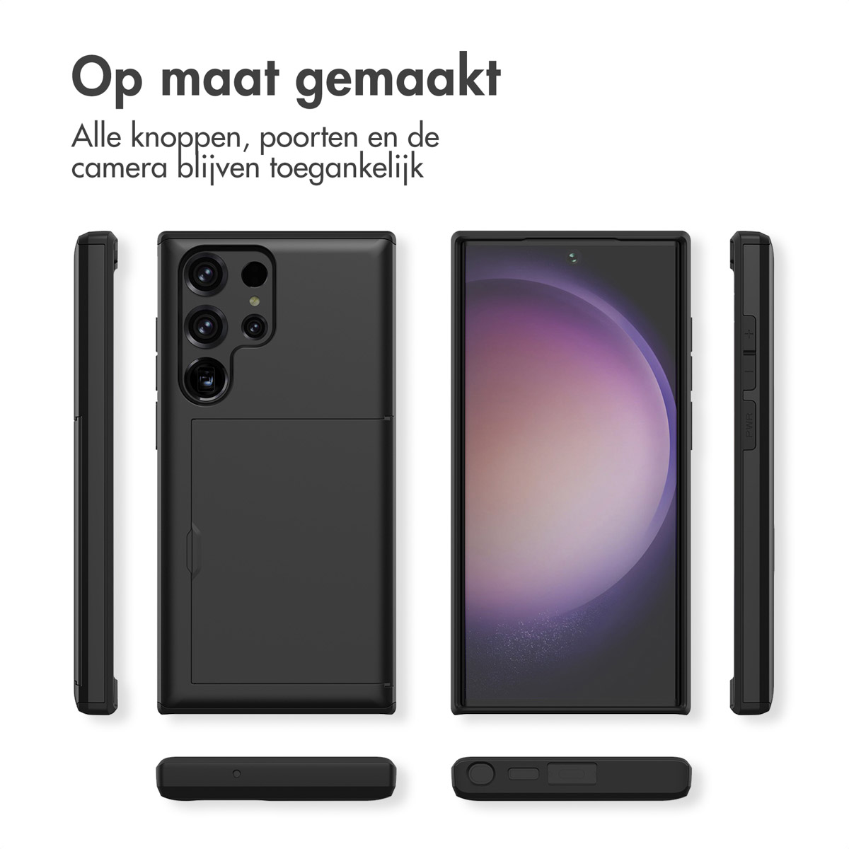 Coque de téléphone noire montrée sous plusieurs angles : avant, arrière, côtés et bas.