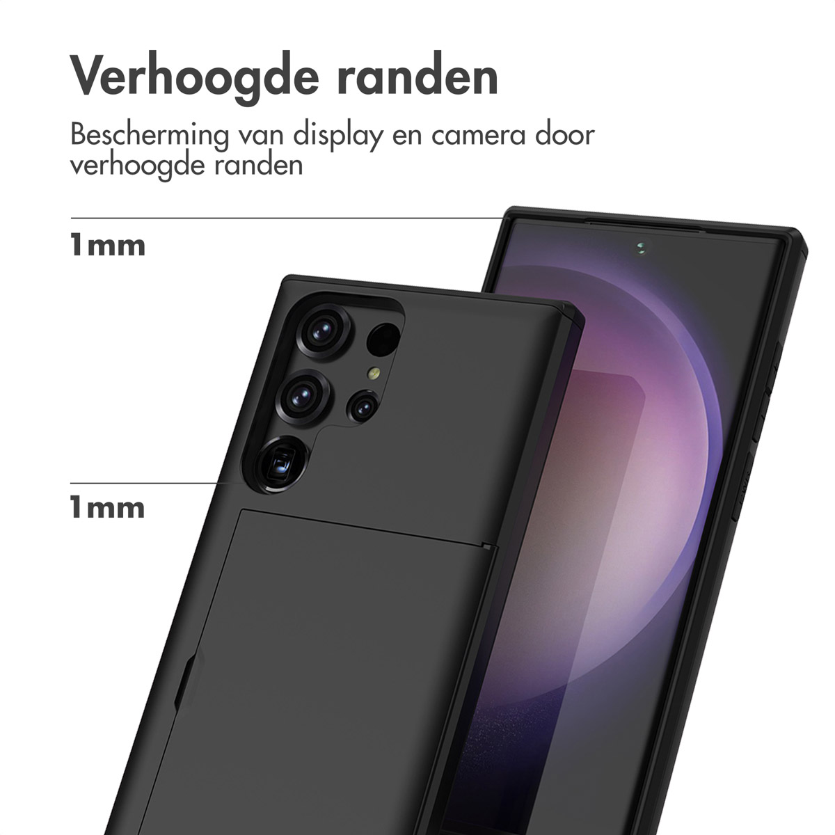 Coque noire pour téléphone avec bords surélevés de 1 mm.