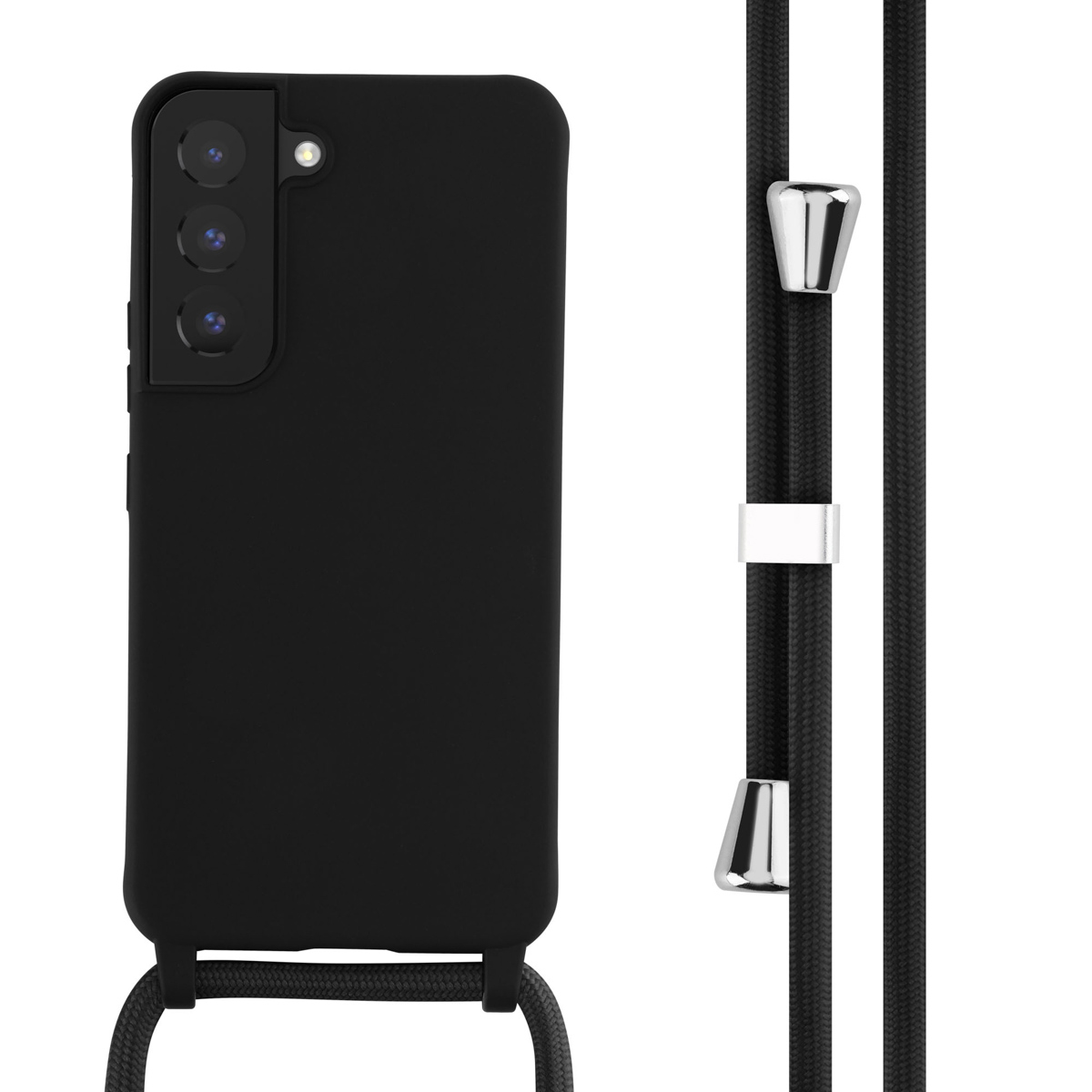 Zwarte telefoonhoes met een zwart koord. Zilveren details op het koord.