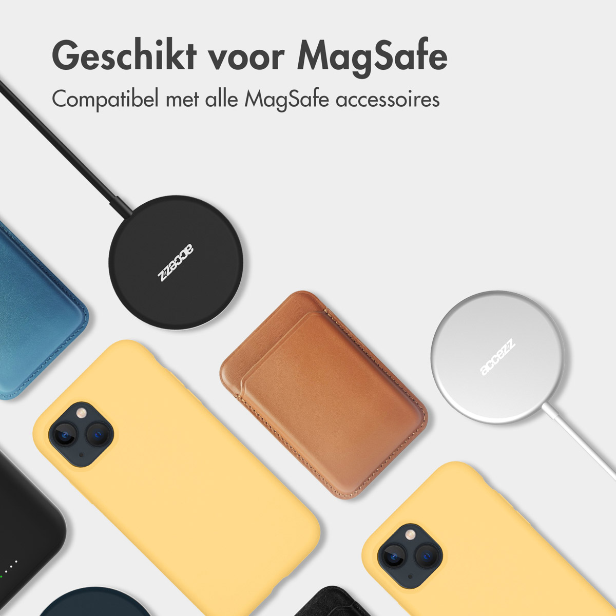 Een telefoonhoes met een draadloze oplader en andere accessoires. Tekst: Geschikt voor MagSafe.