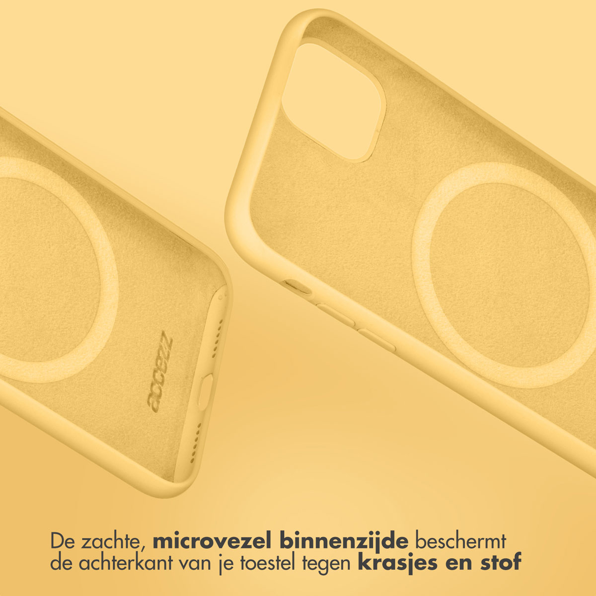 Twee gele telefoonhoesjes. Tekst: zachte siliconen.