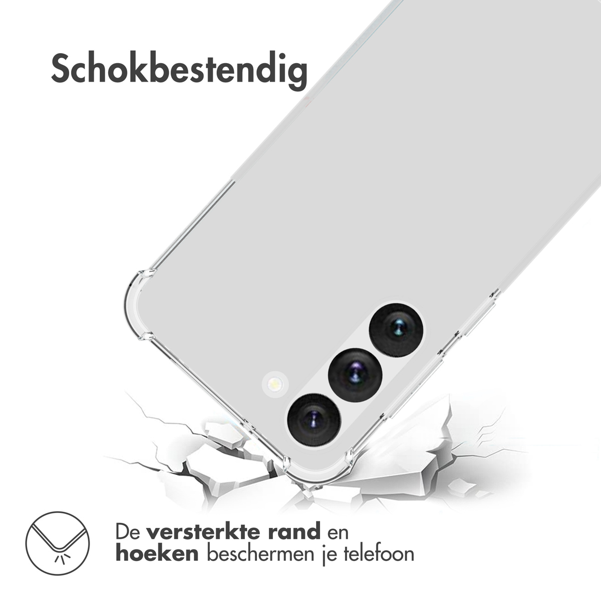A clear phone case falling, with a cracked surface beneath it.