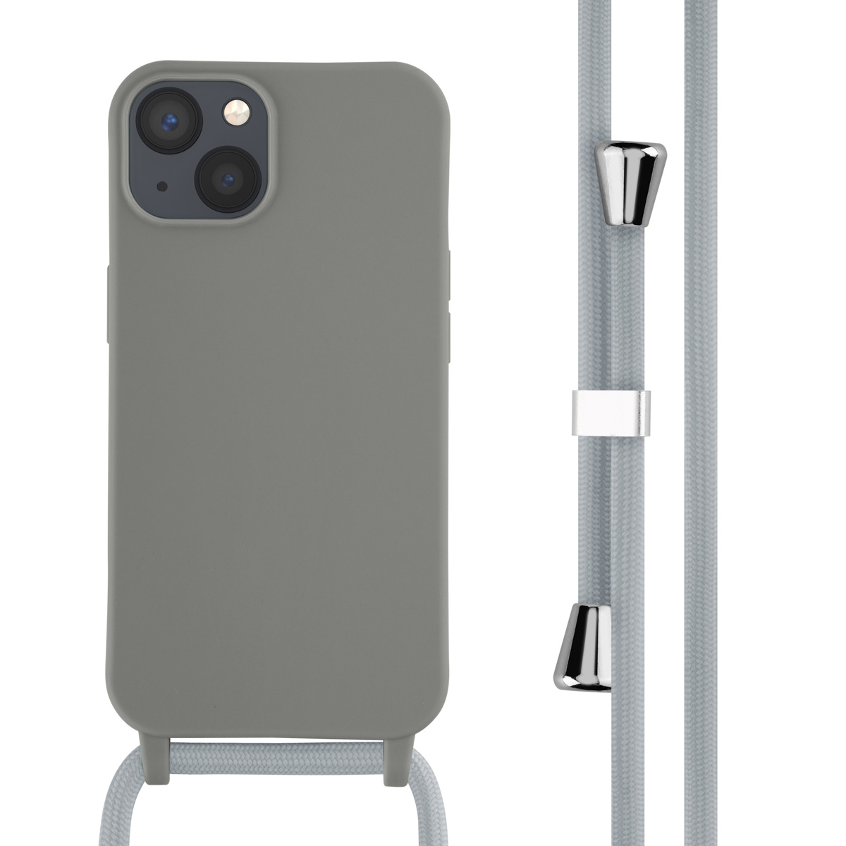 Coque de téléphone grise avec un cordon gris. Détails métalliques argentés sur le cordon.