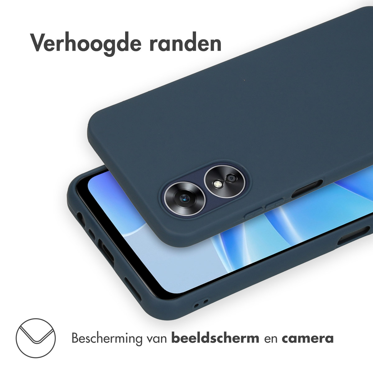Een donkerblauwe telefoonhoes die scherm en camera beschermt, met verhoogde randen.
