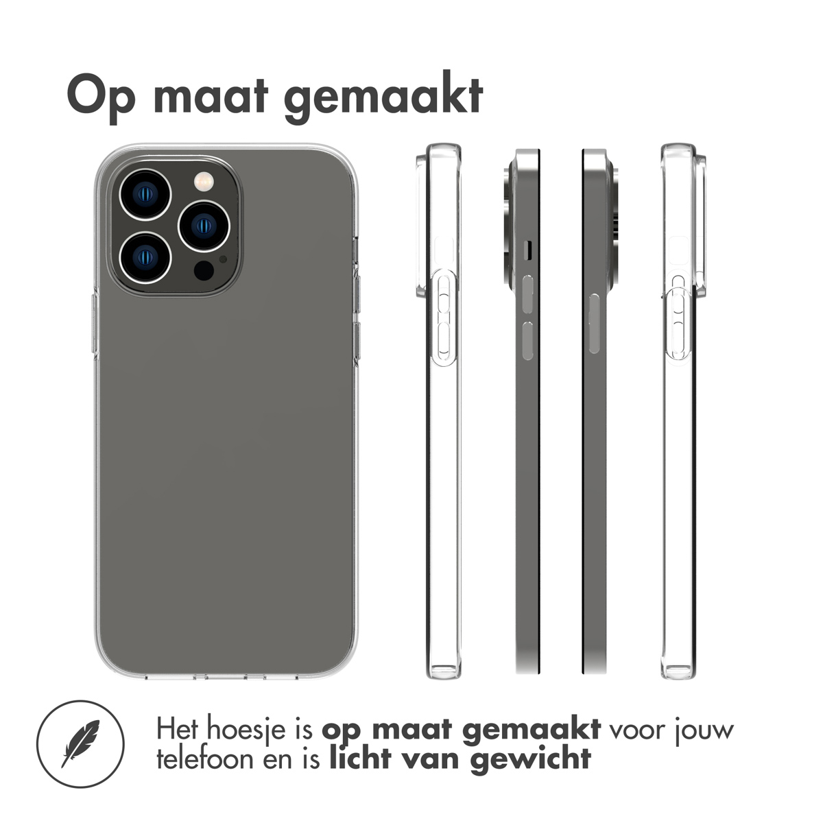 Telefoonhoesjes in verschillende aanzichten. De hoesjes zijn transparant, zwart en grijs. Ze hebben een telefoon erin.