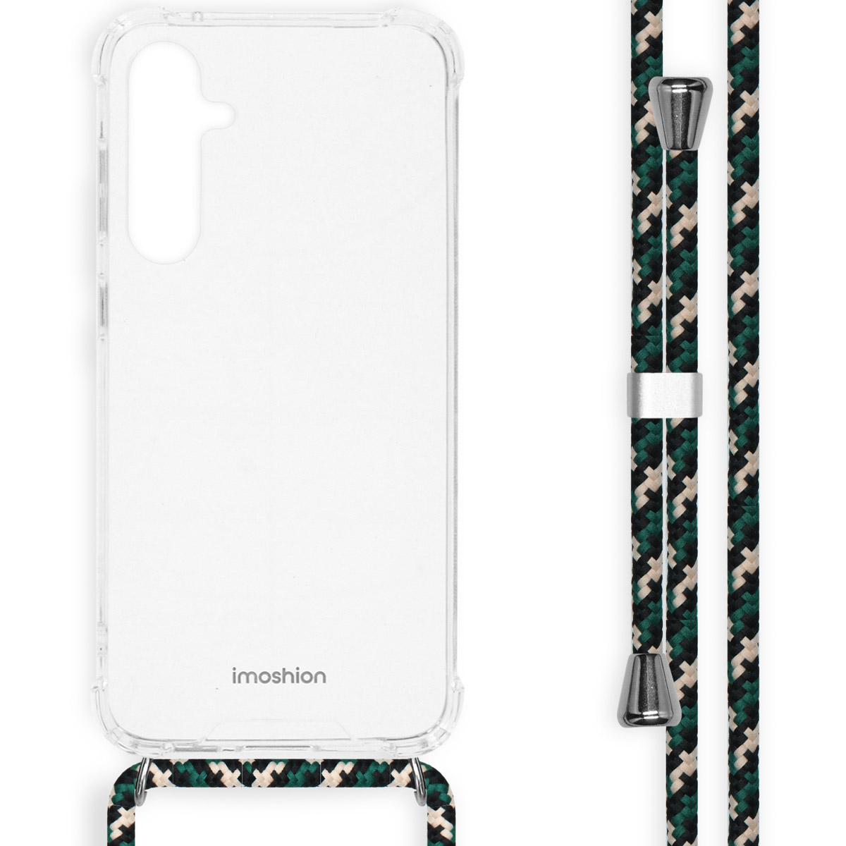 Transparante telefoonhoes met een bandje. Het bandje heeft een patroon.
