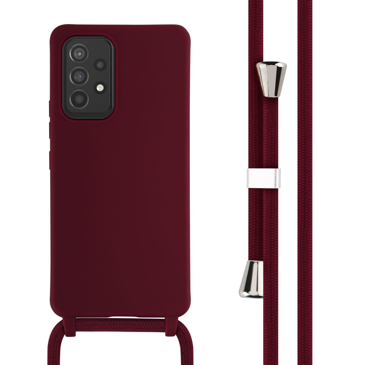 Coque de téléphone bordeaux avec cordon assorti. La coque a trois objectifs d'appareil photo.
