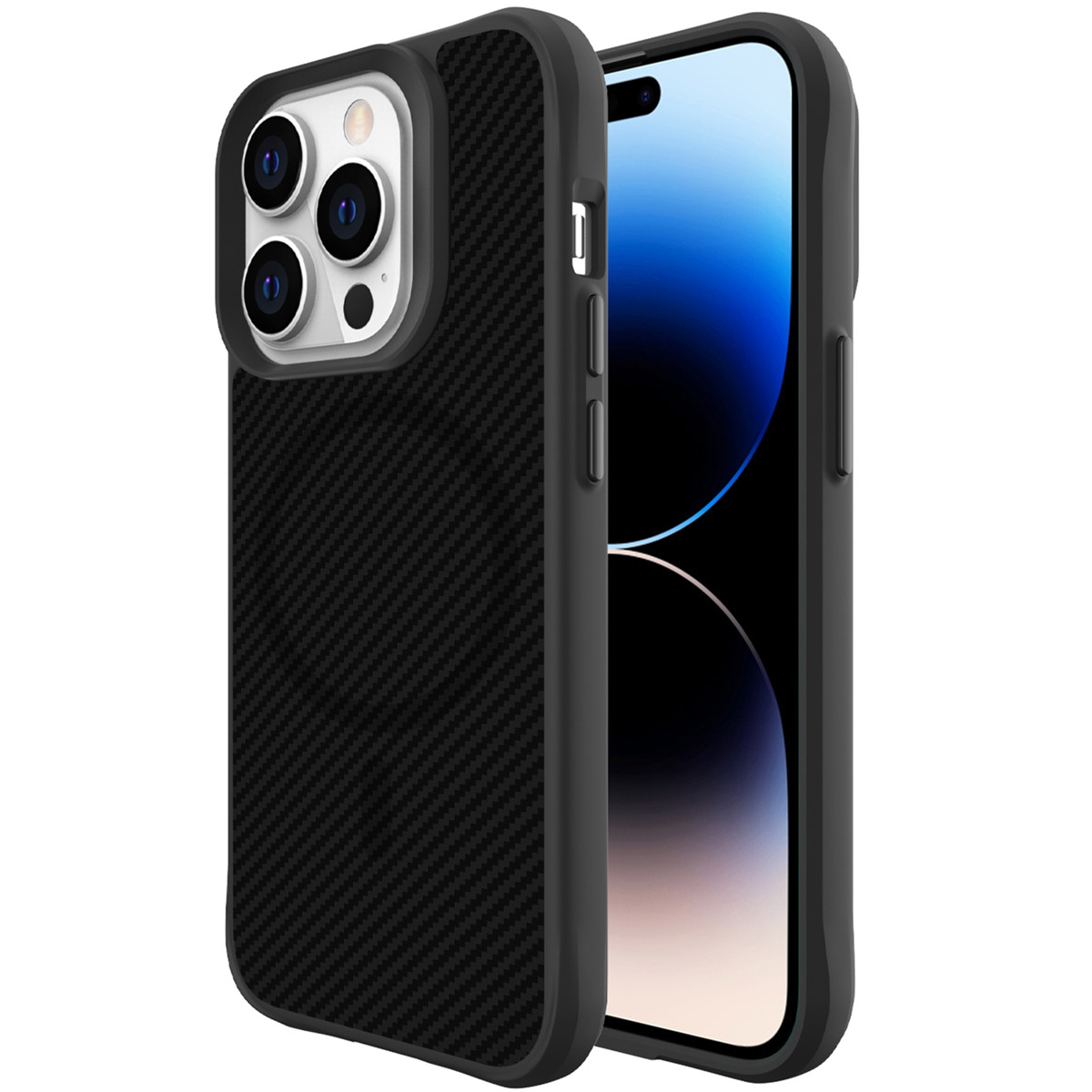 Zwarte telefoonhoes met koolstofvezeltextuur, met de camera. De telefoon staat rechts.