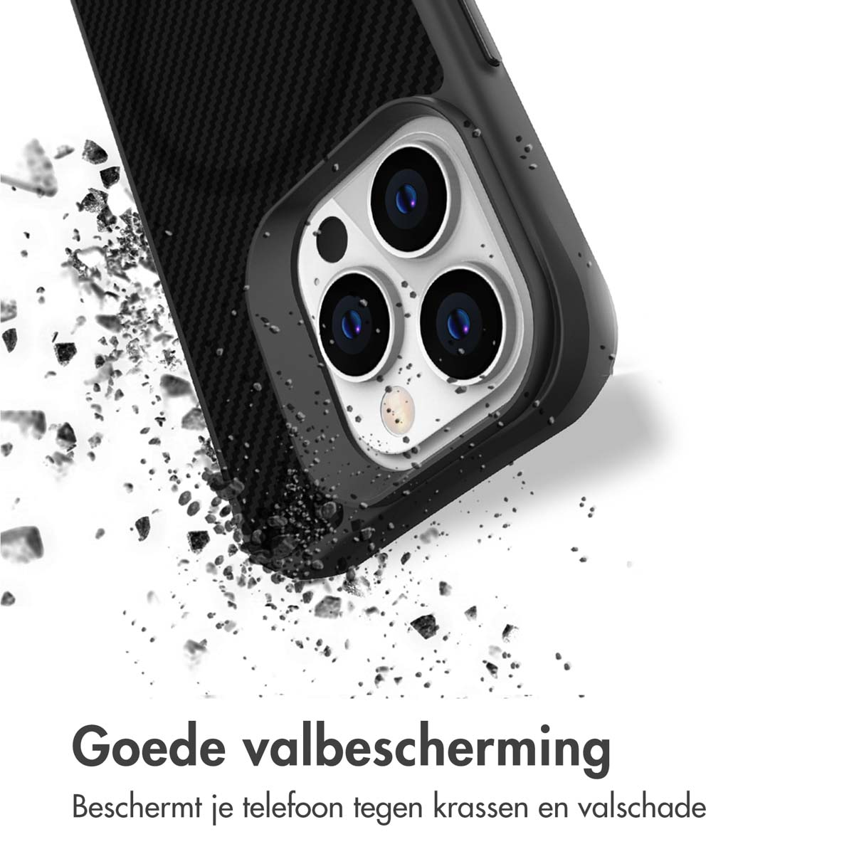 Zwarte telefoonhoes met drie camera's, beschermt tegen vallend puin.