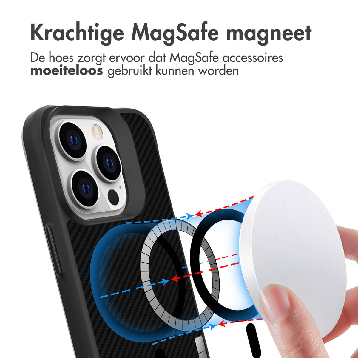 Zwarte telefoonhoes met koolstofvezelontwerp. Witte MagSafe-accessoire. Witte achtergrond.