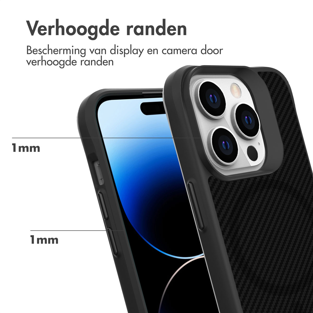 Zwarte telefoonhoes met een telefoon. De hoes heeft een beschermlaag. De telefoon zit erin.