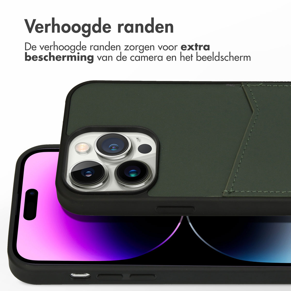 Coque de téléphone verte avec poche et bords noirs. La caméra du téléphone est visible.