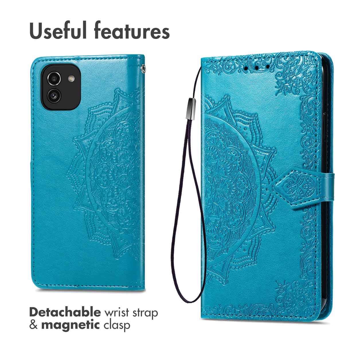 Blauw telefoonhoesje met reliëf mandala-ontwerp en afneembaar polsbandje.