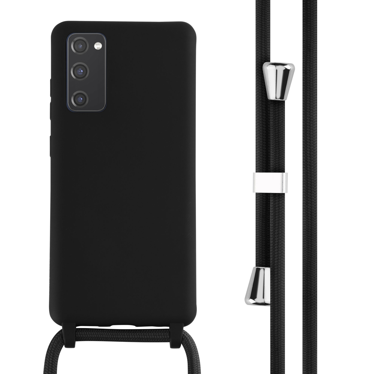 Zwart telefoonhoesje met een eenvoudig ontwerp en een zwarte telefoonriem.