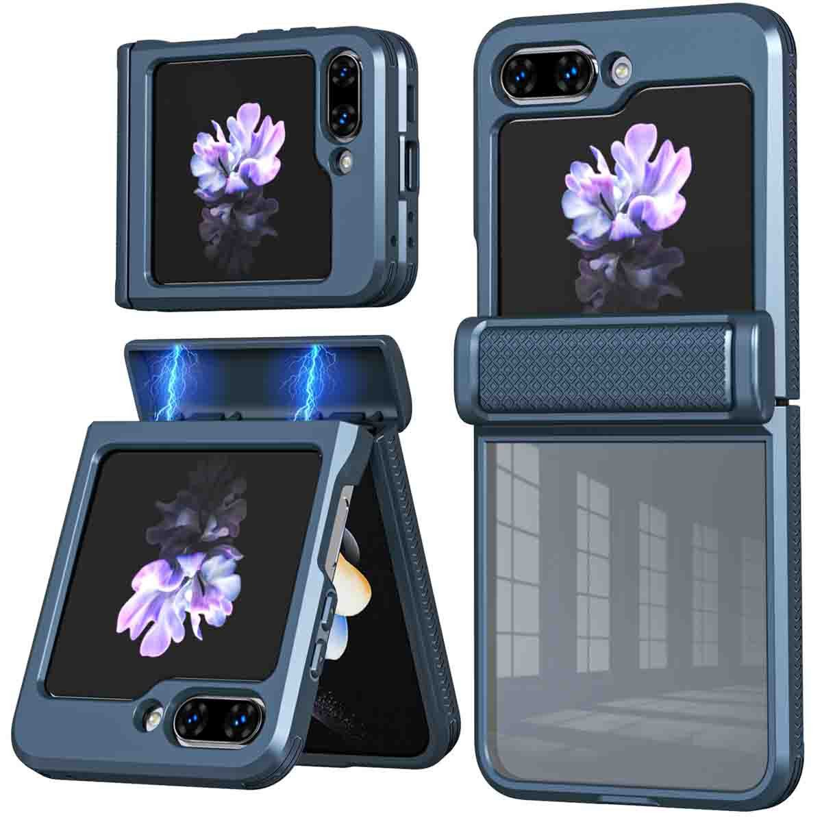 Blaues faltbares Telefon in einer blauen Hülle. Das Display zeigt eine lila Blume.