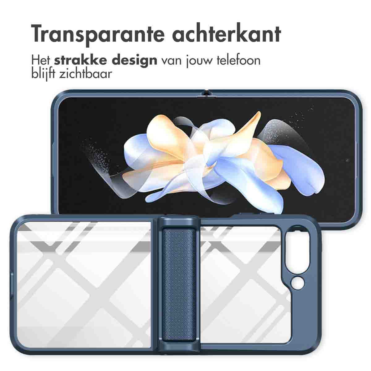 Handyhülle mit transparentem Rücken und blauer Vorderseite. Das Telefon wird im transparenten Rücken gezeigt.