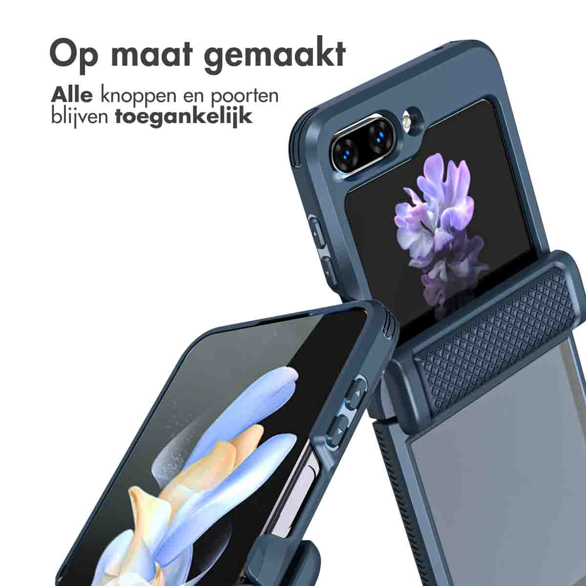 Zwei blaue Handyhüllen. Der Text ist auf Niederländisch. Ein Telefon wird in den Hüllen angezeigt.