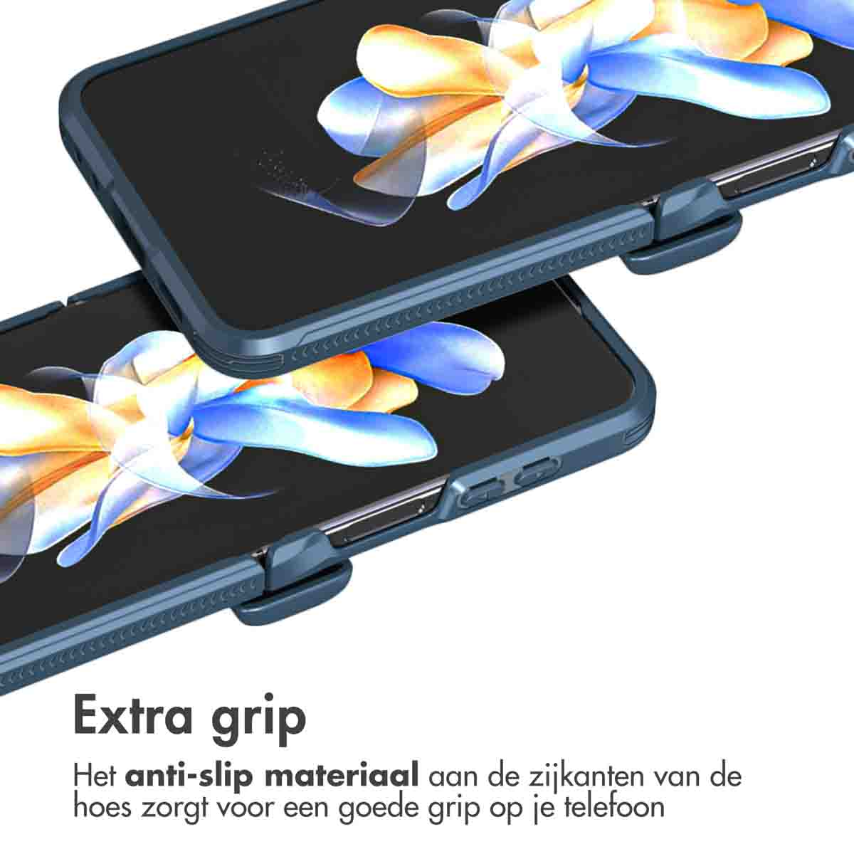 Zwei dunkelblaue Handyhüllen, eine über der anderen. Beide haben ein florales Design auf dem Bildschirm.