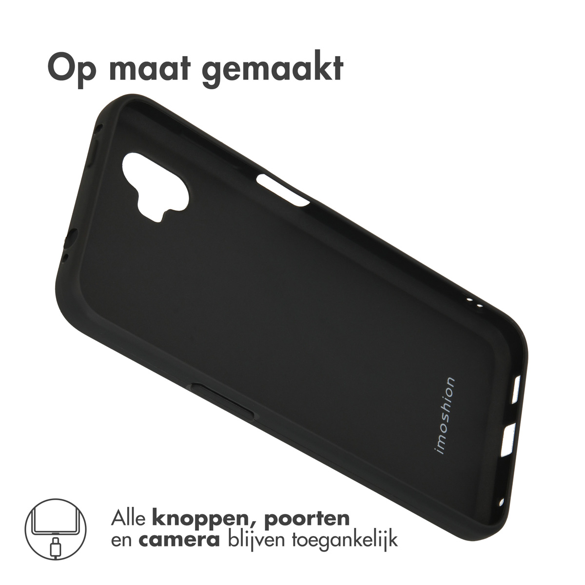 Coque de téléphone noire. Le boîtier est incliné, montrant l'intérieur et la marque imoshion. Le boîtier a des découpes.