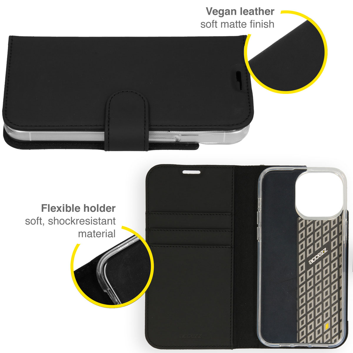 Zwarte telefoonhoes, open om de telefoon te laten zien. Beschikt over veganistisch leer en een flexibele houder. Annotaties benadrukken kenmerken.