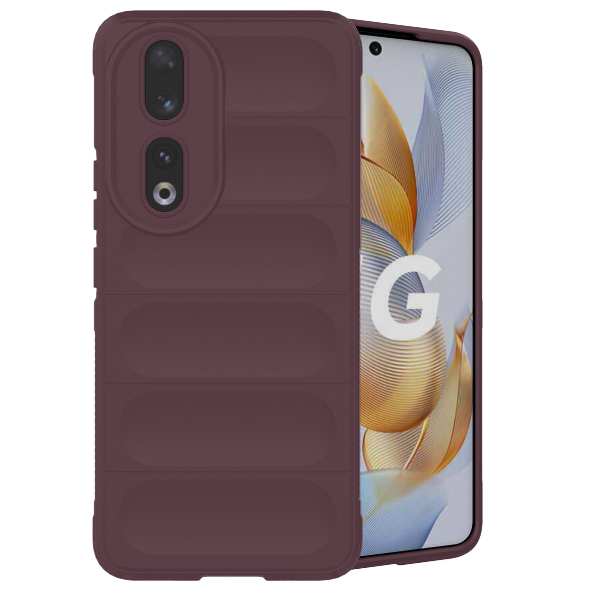 Pruimkleurige telefoonhoes op telefoon. De hoes heeft een verticaal groefontwerp. Telefoonscherm zichtbaar.