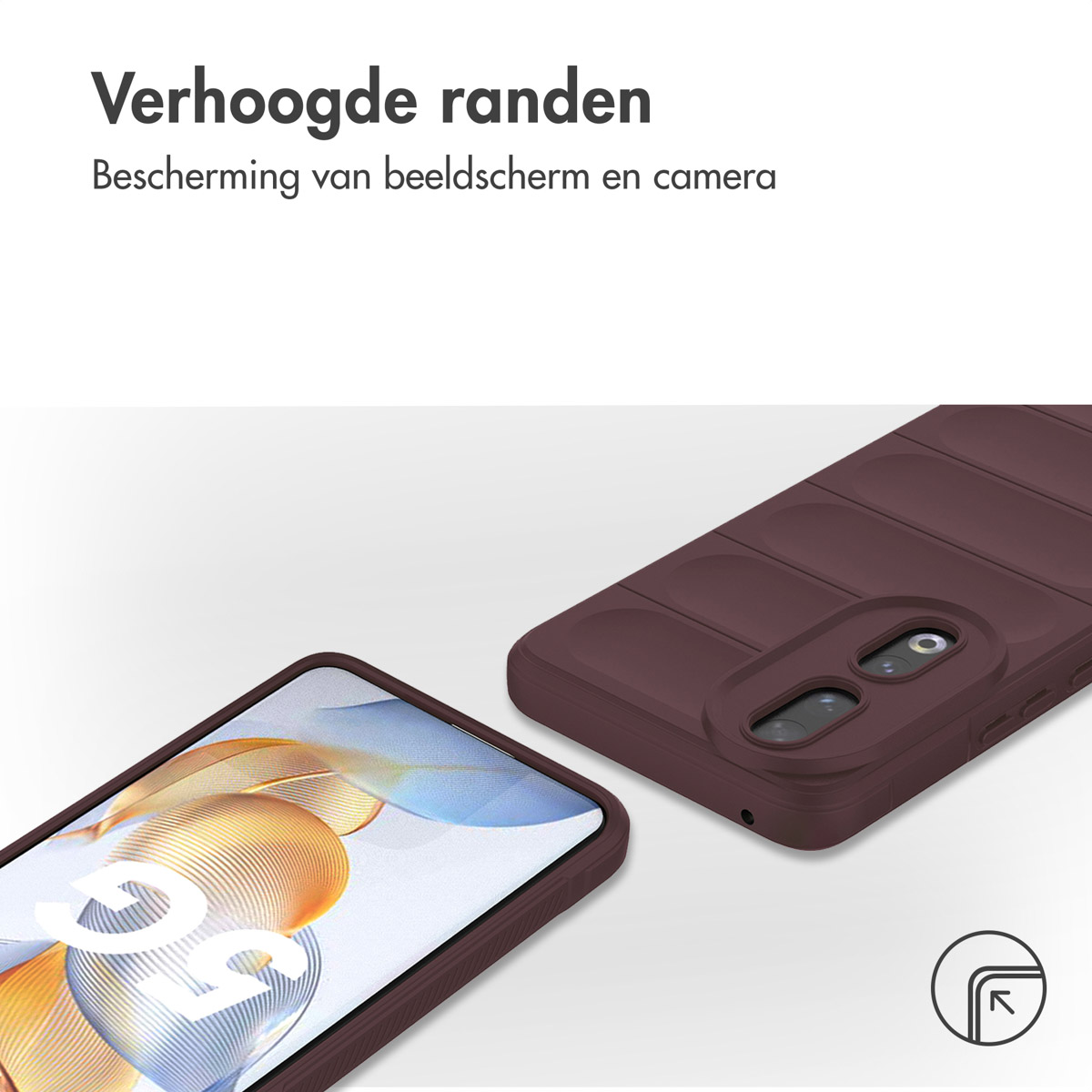 Telefoonhoes met verhoogde randen die het scherm en de camera beschermen. De hoes is bruin, de telefoon is zichtbaar.