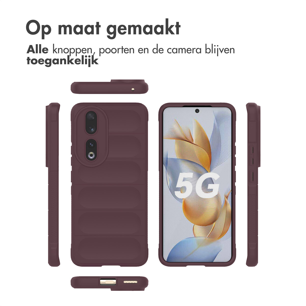Een donkerrode telefoonhoes. Het is een robuust ontwerp met meerdere weergaven. De telefoon is een 5G-model.
