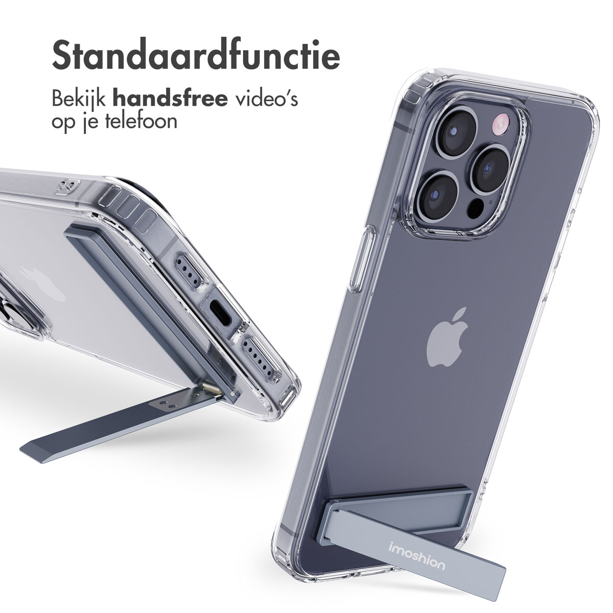 Une coque de téléphone transparente avec un support intégré, montrant un iPhone.