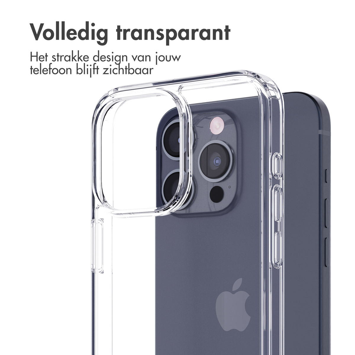 Coque transparente montrant un smartphone sombre avec trois caméras et logo Apple.