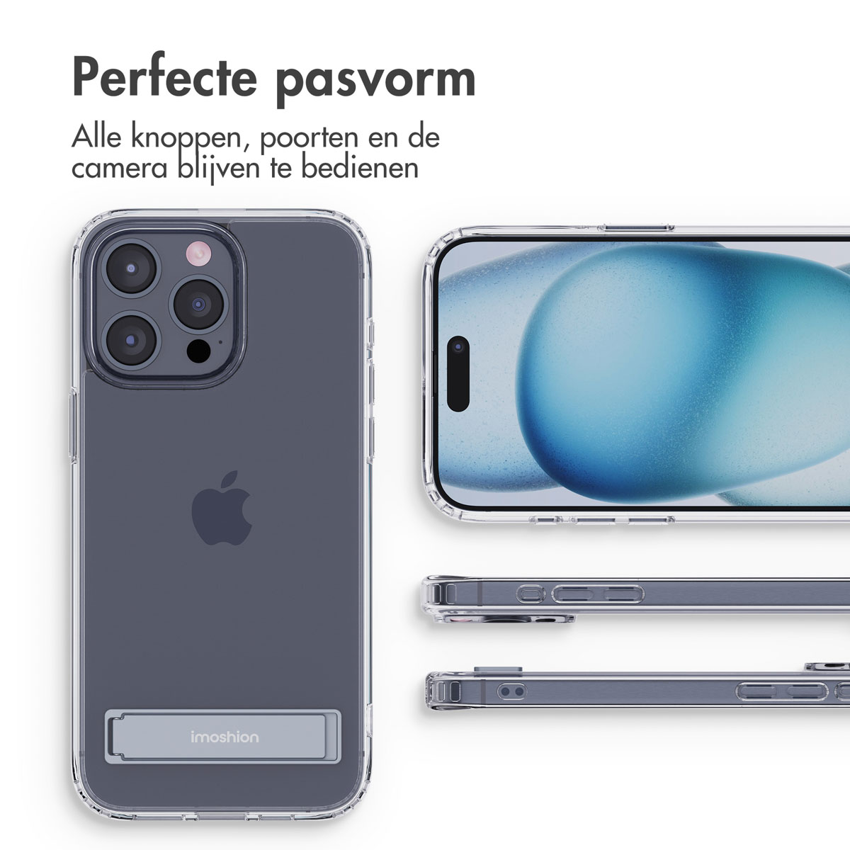 Coque transparente pour iPhone avec béquille, montrant module caméra et écran.