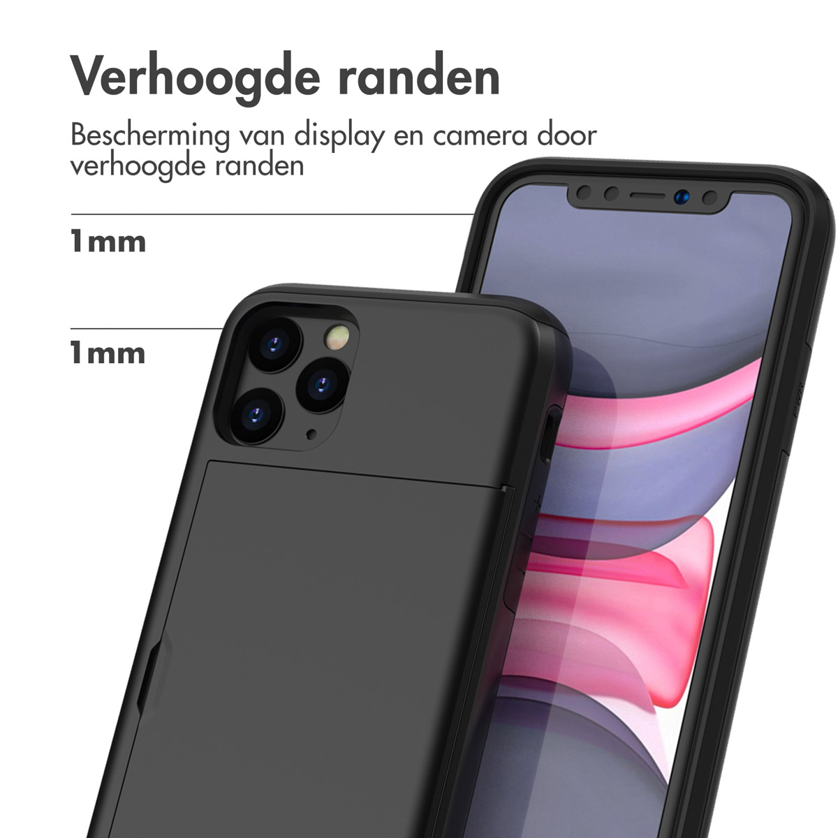 Zwarte telefoonhoes, met verhoogde randen en tekst over display- en camerabescherming.