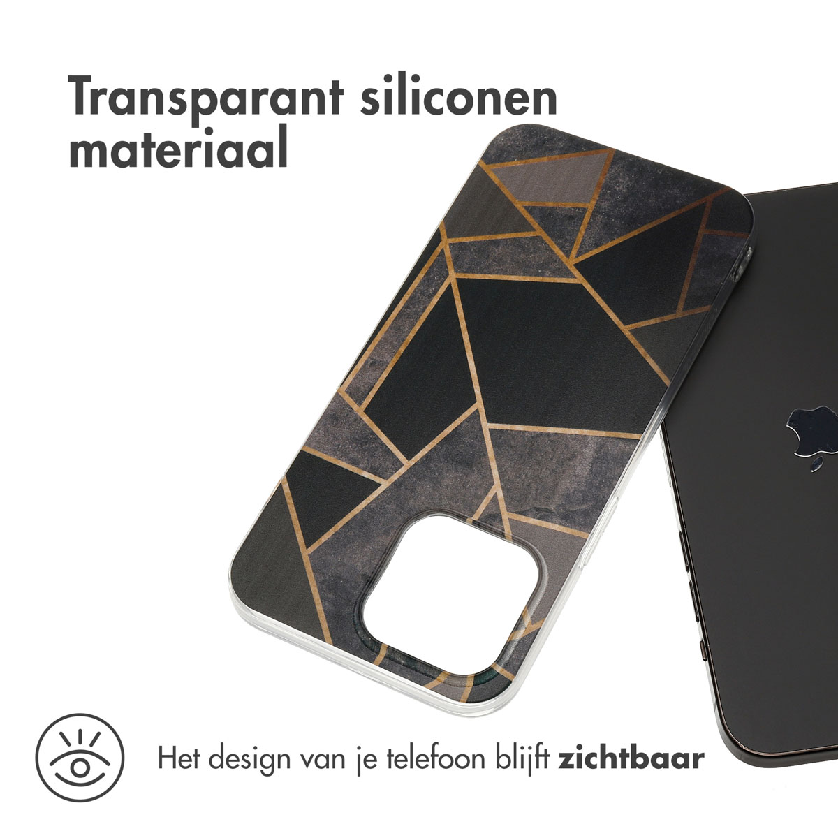 Handyhülle mit geometrischem Design in Schwarz und Gold. Transparentes Silikonmaterial.