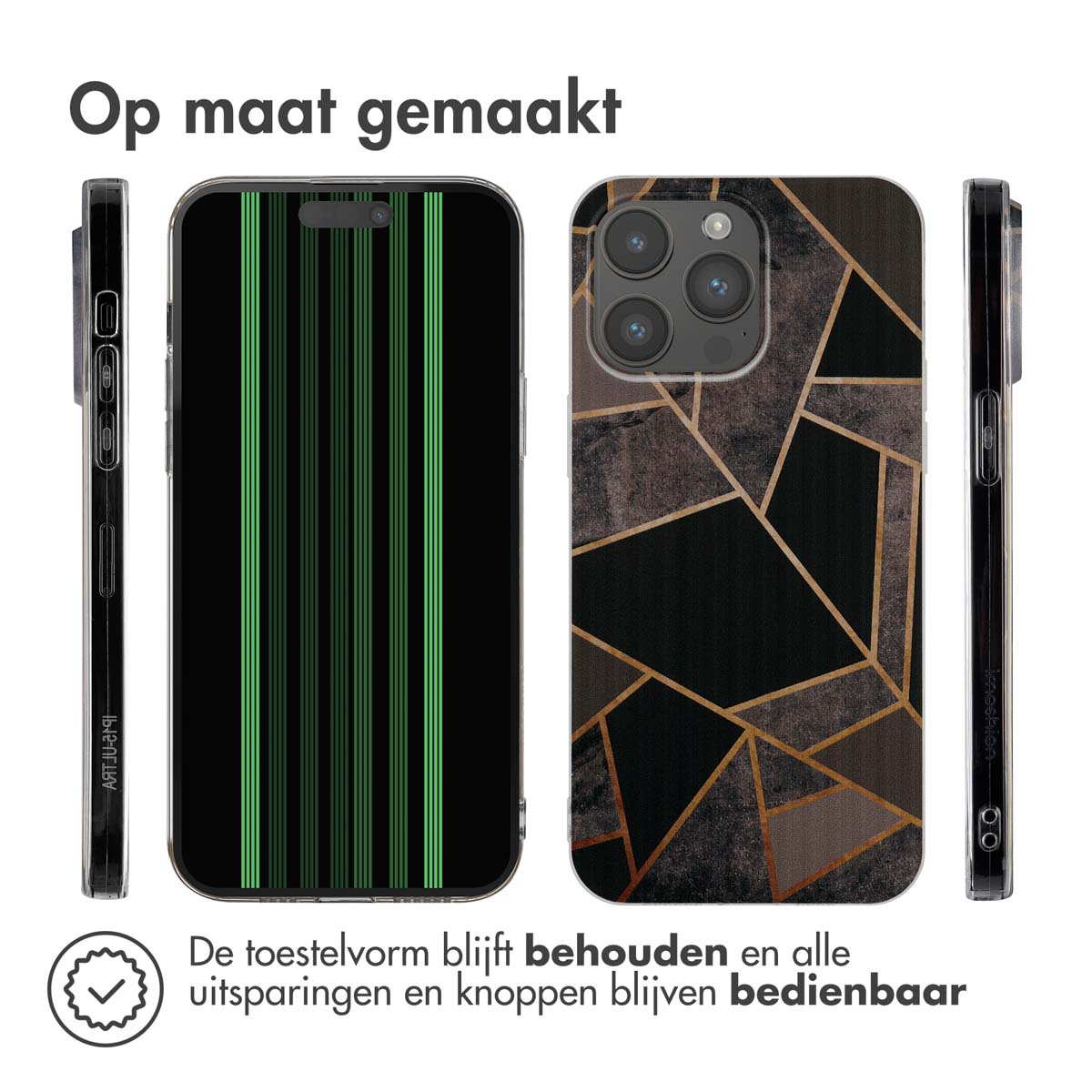 Handyhüllen mit grünen Linien und geometrischen Mustern.