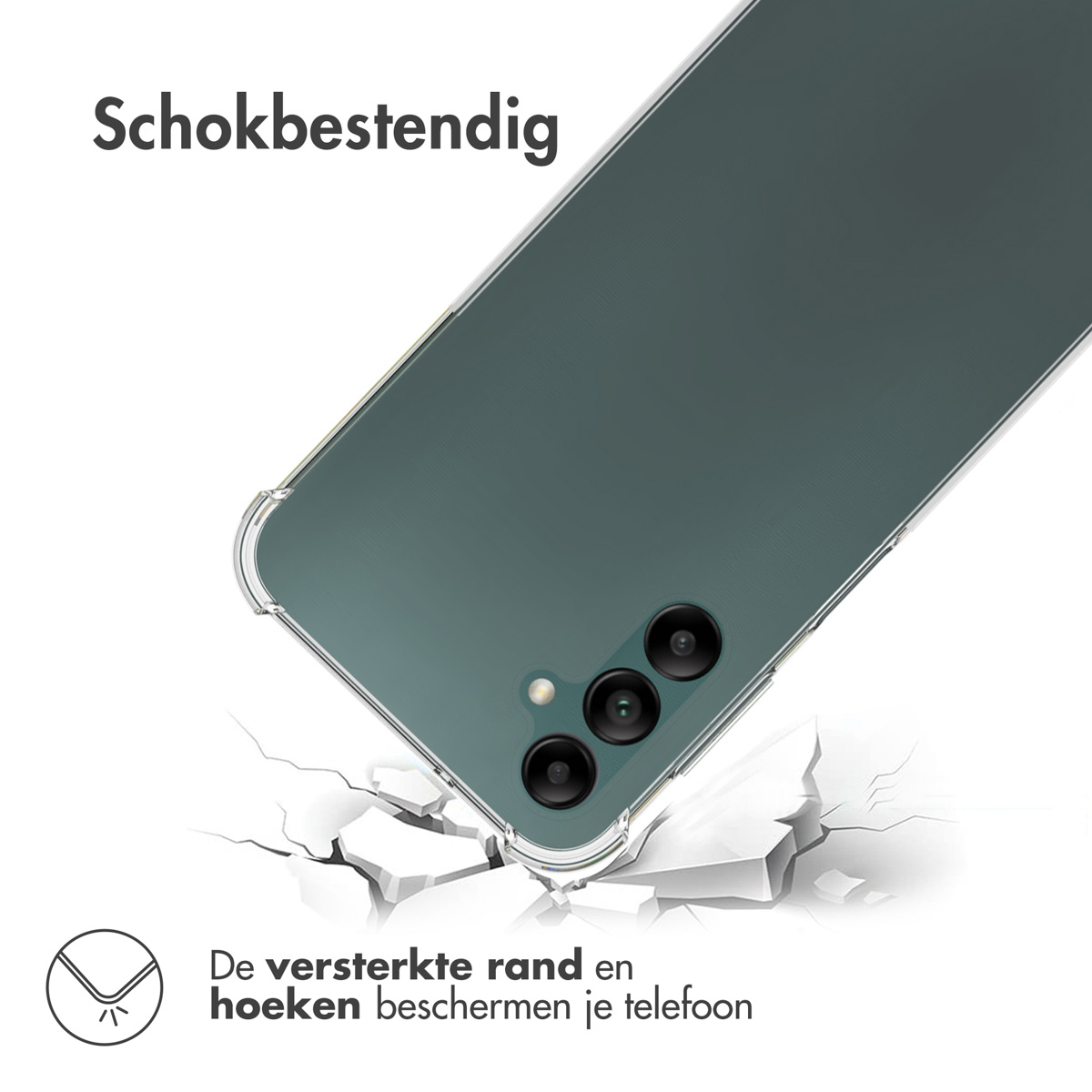 Un téléphone dans un étui transparent, effet de sol fissuré.