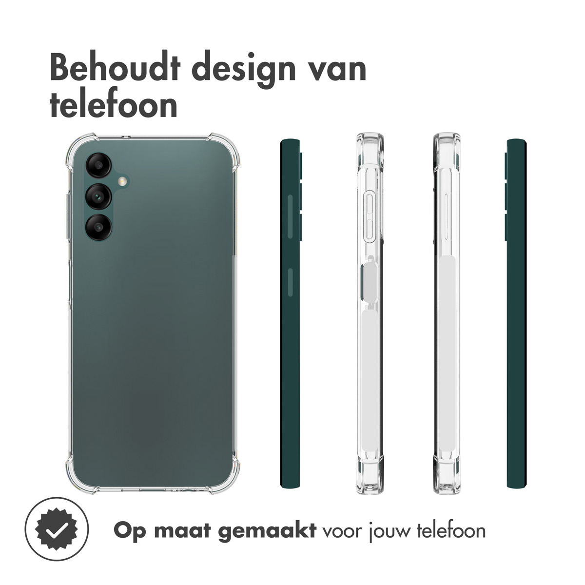 Coque transparente sur un téléphone vert. Vues latérales fournies.