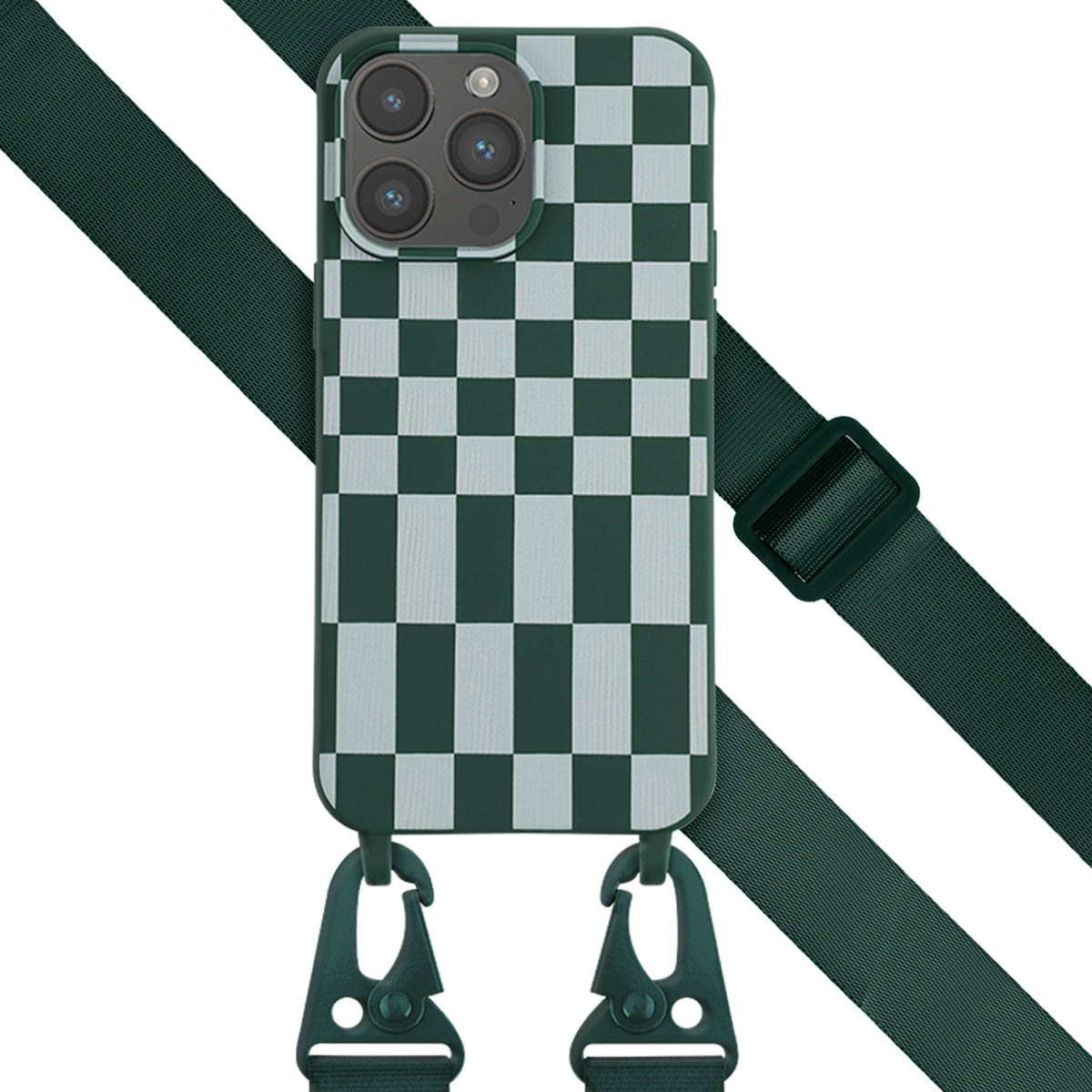 Groen en wit geblokte telefoonhoes met een donkergroene riem en clip.