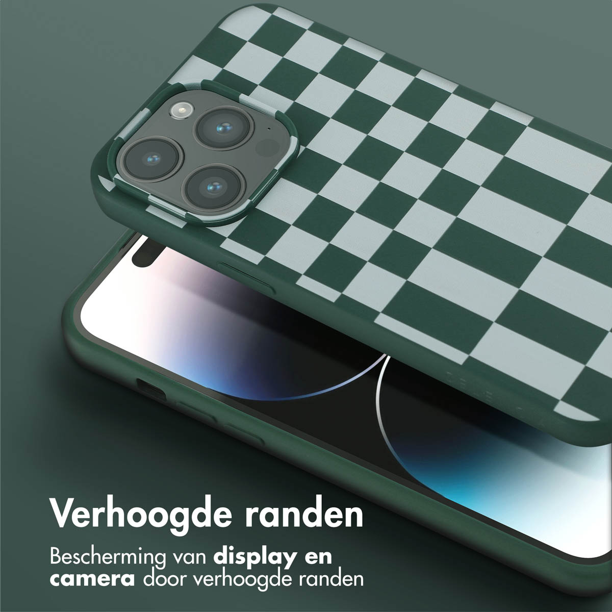 Een telefoon in een groen-witte geruite hoes. De hoes heeft verhoogde randen om het scherm en de camera te beschermen.