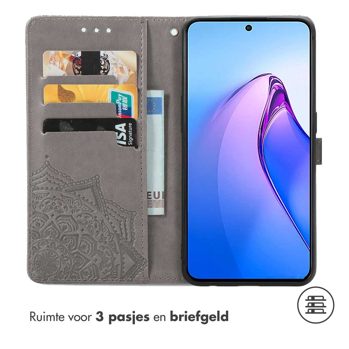 Étui portefeuille gris avec motif mandala. Pour 3 cartes et argent. Téléphone non inclus.