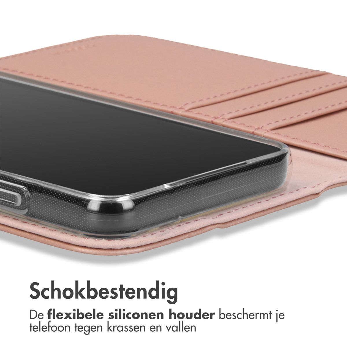 Étui de téléphone rose avec un téléphone à l'intérieur. Gros plan. Texte : Antichoc. Support silicone souple.