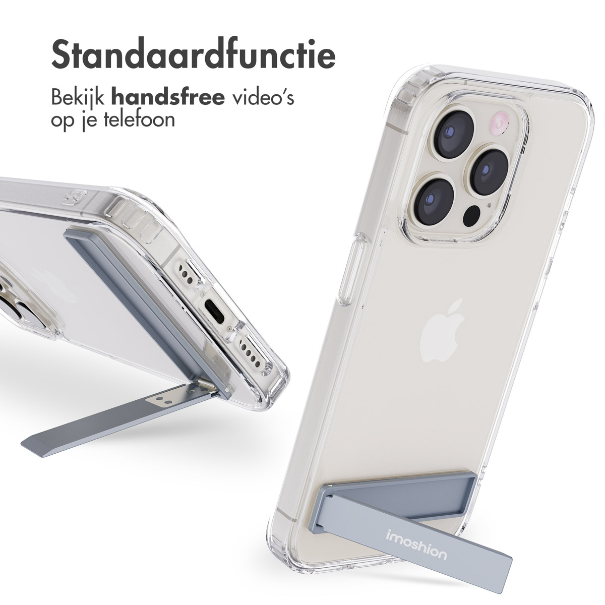 Transparante telefoonhoes met standaard voor handsfree videoweergave.