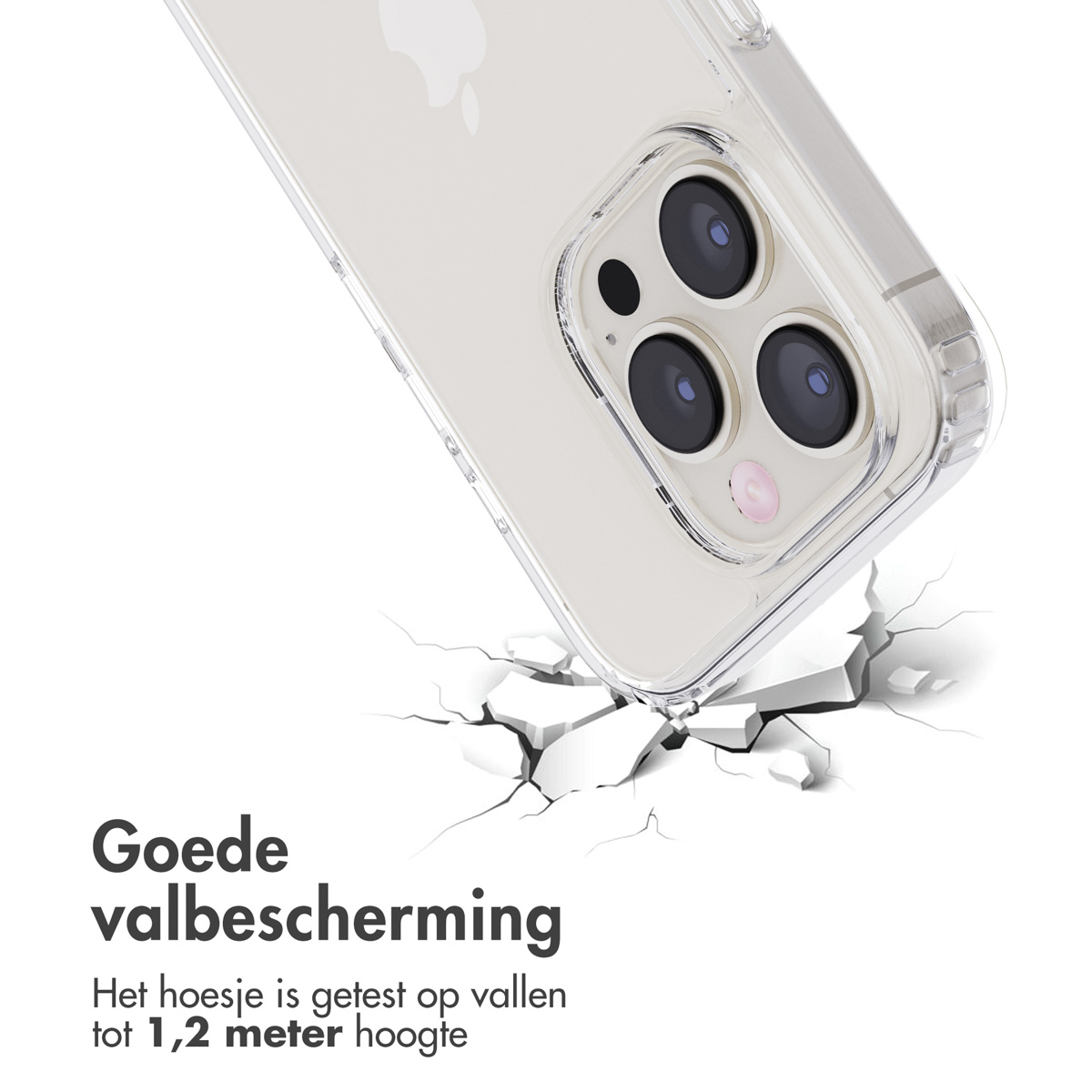 Een doorzichtige telefoonhoes wordt getoond, schuin naar beneden. Hij raakt een oppervlak en veroorzaakt scheuren. Tekst over valbescherming is aanwezig.