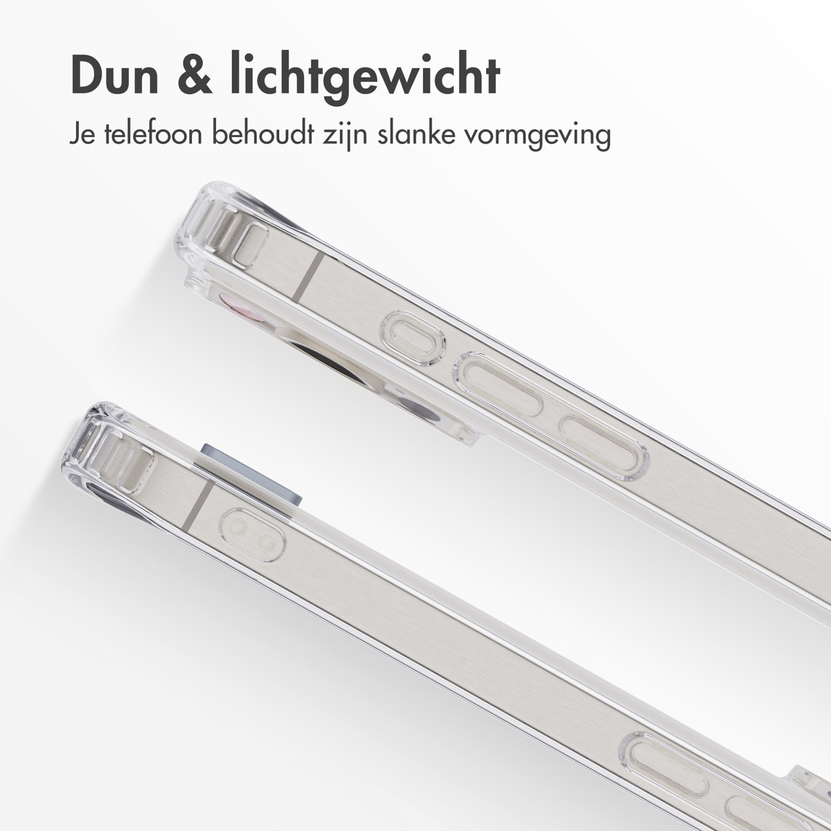 Twee doorzichtige telefoonhoesjes met geborstelde metaalafwerking tonen knoppen en randen.