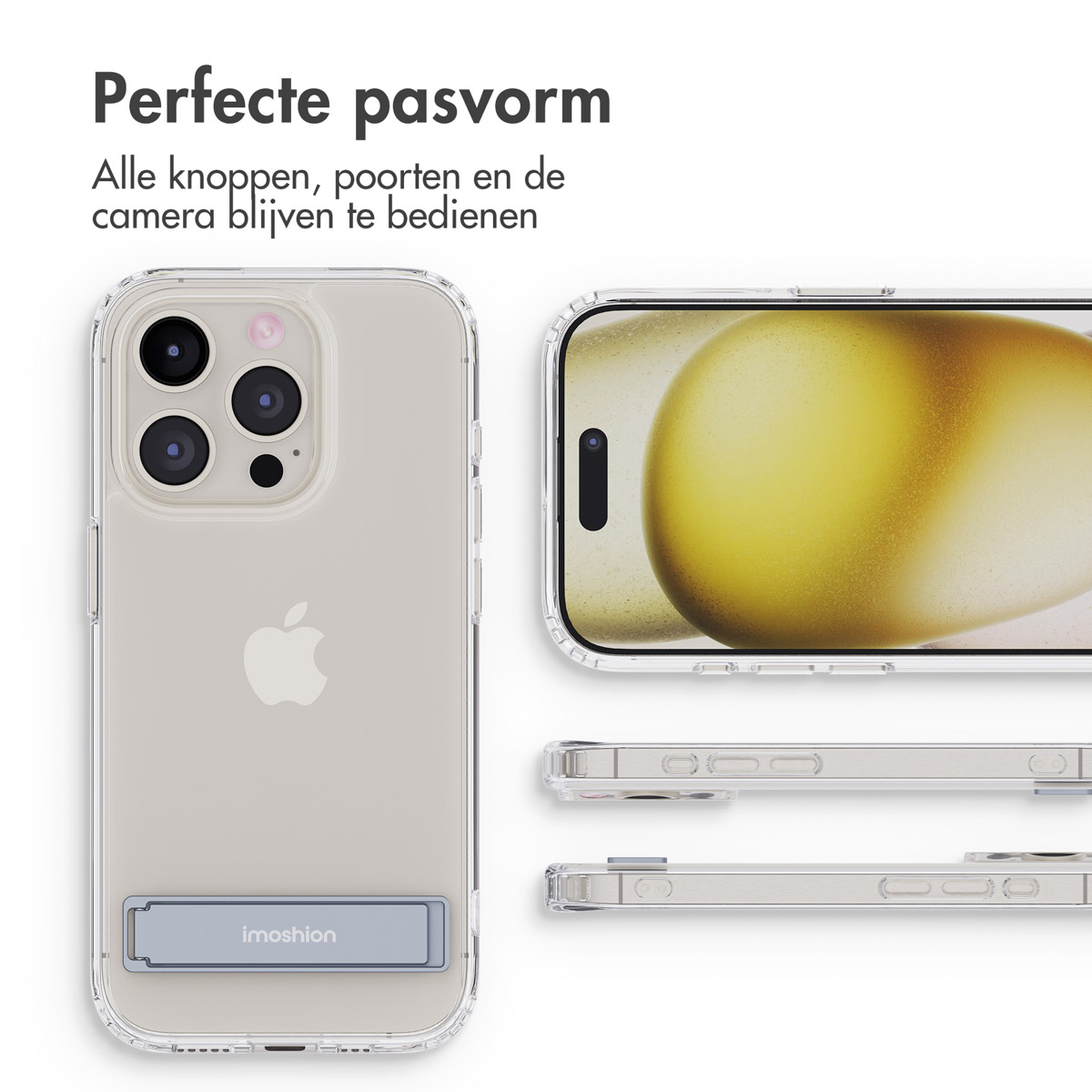Transparante telefoonhoes met standaard en Apple logo. Meerdere weergaven.