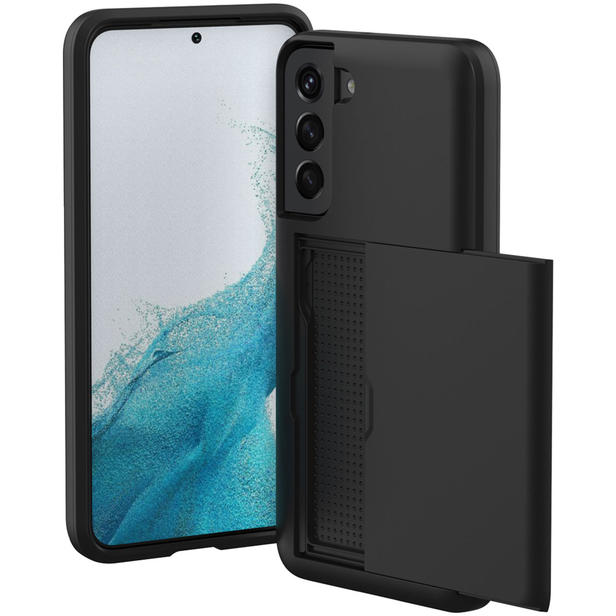 Zwarte telefoonhoes met kaartsleuf. Telefoon binnenin. Witte achtergrond.