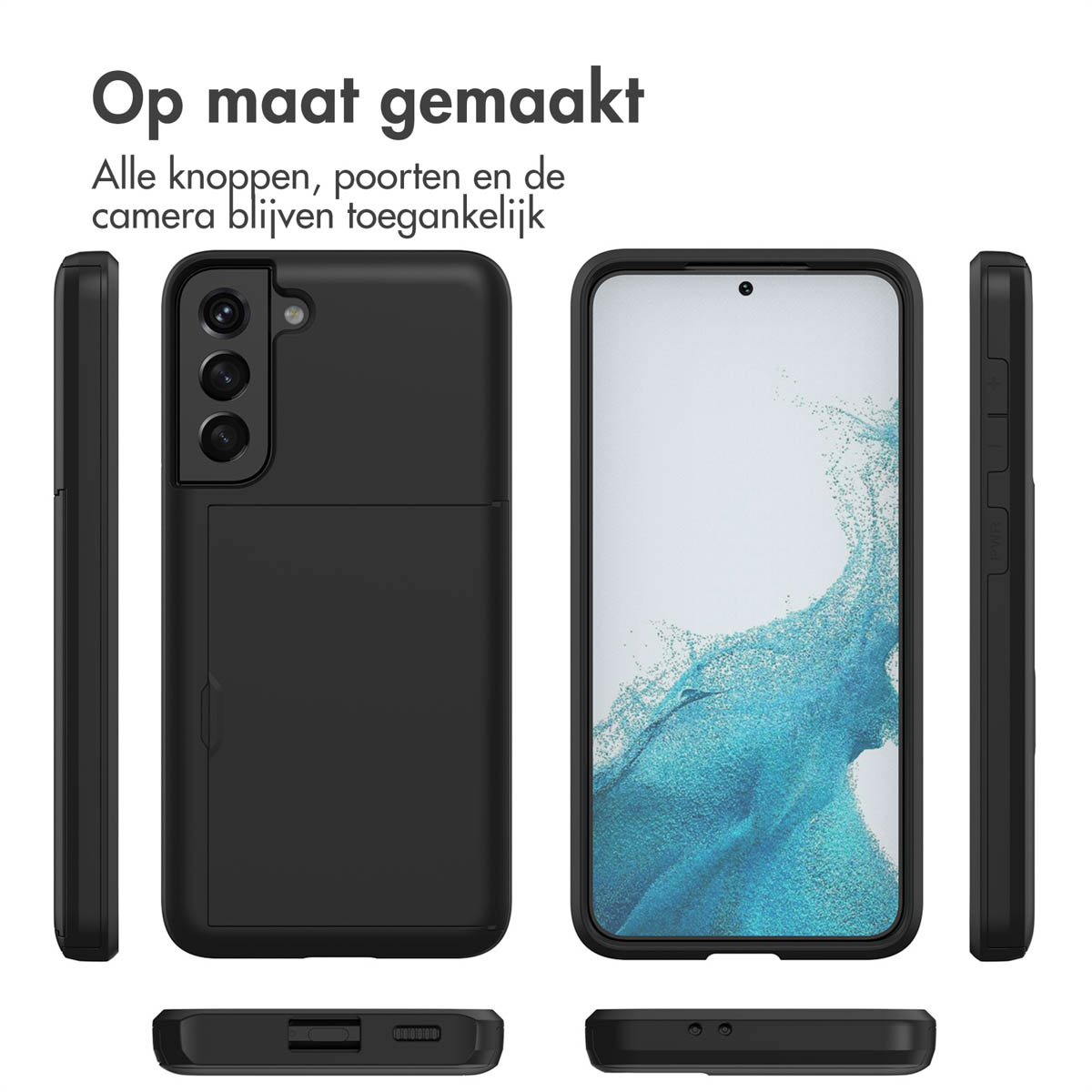 Zwarte telefoonhoes met kaarthouder, voor- en achterkant getoond.